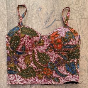 🌱Paul Ropp Sz Medium Boho Beaded Floral Cropped Top, 100% Cotton, Festival